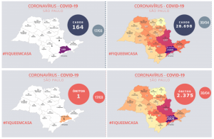 Mapas mostram crescimento do número de casos de COVID-19 entre março e abril, em todas as regiões do Estado